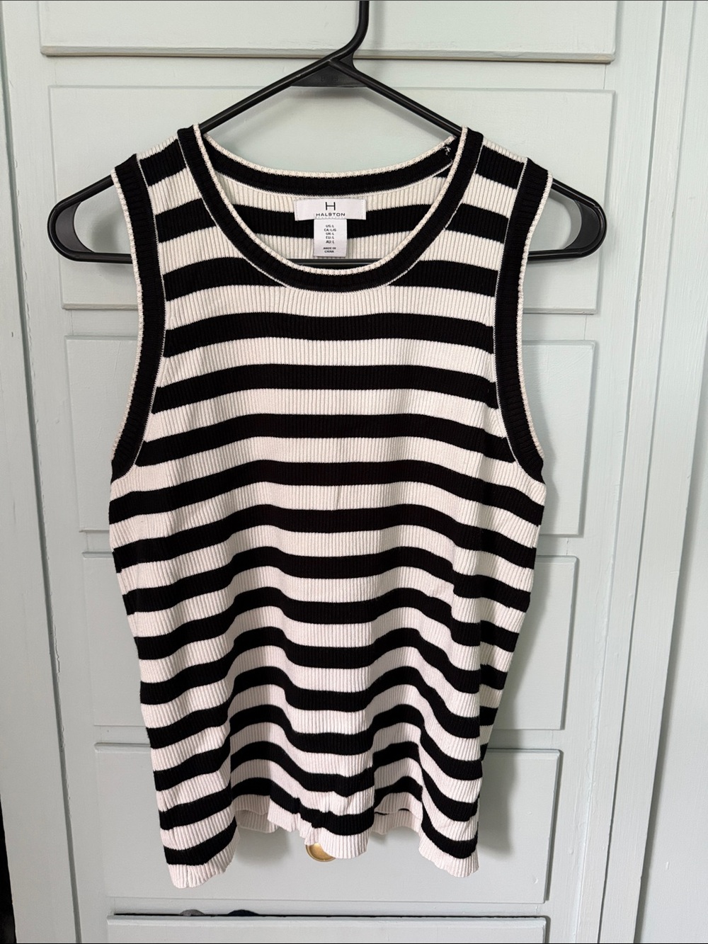 Halston Black and White Striped Ribbed Tank